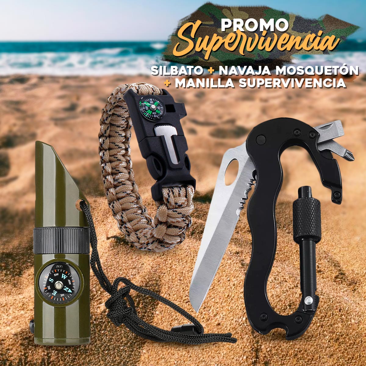 Kit Supervivencia, Silbato 7 en 1 + Navaja + Pulsera 5 en 1